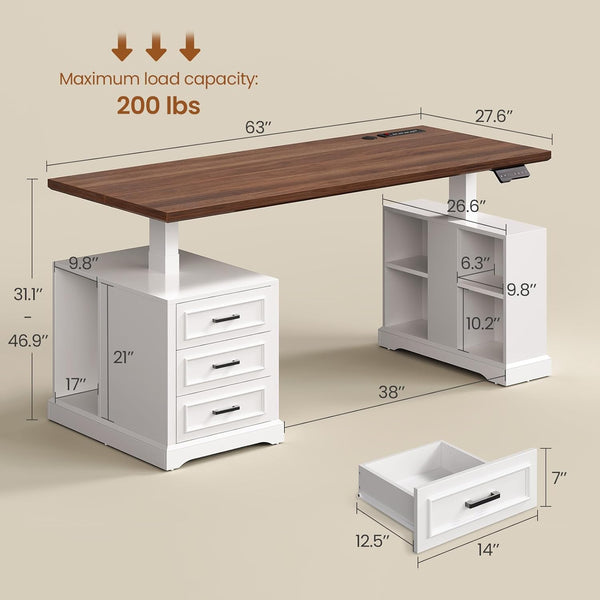 63" Electric Standing Desk with Drawers, Storage & Power Outlets