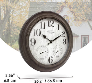 26" Indoor Outdoor Farmhouse Wall Clock with Thermometer & Hygrometer