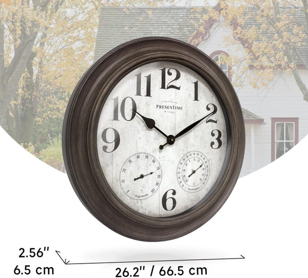 26" Indoor Outdoor Farmhouse Wall Clock with Thermometer & Hygrometer