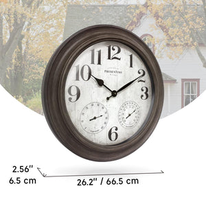 26" Indoor Outdoor Farmhouse Wall Clock with Thermometer & Hygrometer