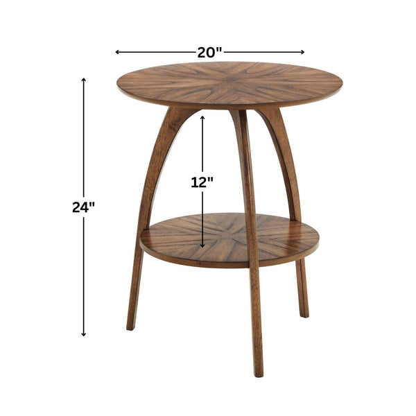 Round Wood End Table with Lower Shelf – Mid-Century Modern, Nutmeg Brown