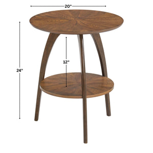 Round Wood End Table – Mid-Century Modern Side Table with Lower Shelf