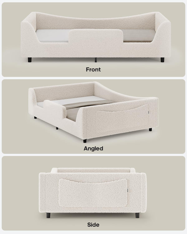 Full Size Montessori Floor Bed with High Rails & Teddy Fleece Upholstery