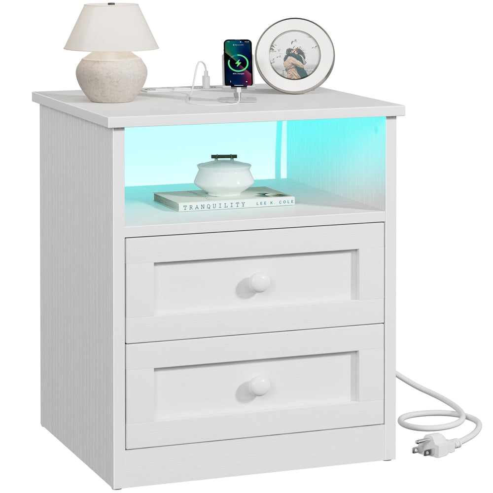 White Wooden Nightstand with LED Lights & Charging Station
