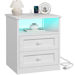 White Wooden Nightstand with LED Lights & Charging Station