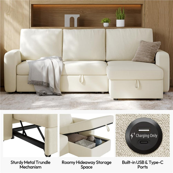 L-Shaped Sectional Sleeper Sofa with Pull-Out Bed, Chaise Storage & USB Charging