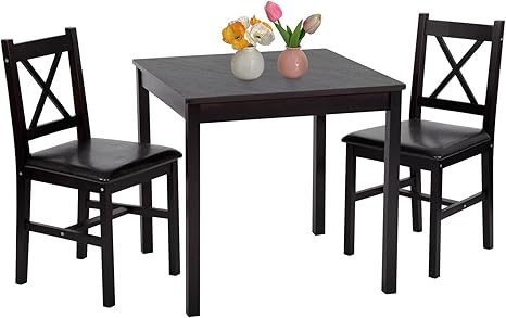 5-Piece Solid Pine Wood Dining Table Set with Upholstered Chairs
