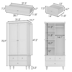 2-Door Vintage Armoire Wardrobe with Drawers & Hanging Rod
