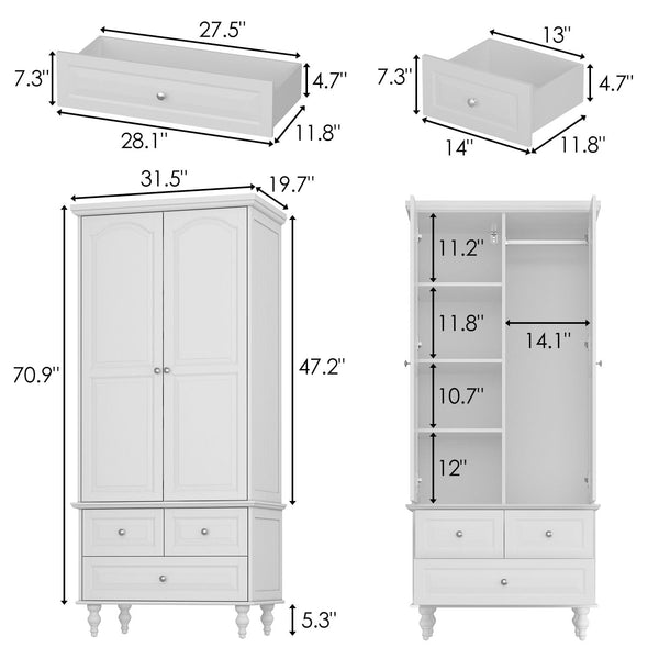 2-Door Vintage Armoire Wardrobe with Drawers & Hanging Rod