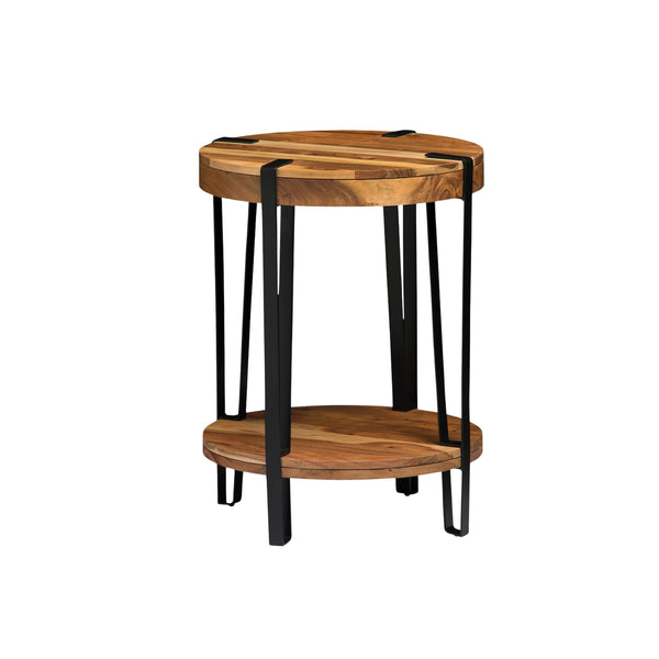 2-Tier Round Acacia Wood & Metal End Table with Bottom Shelf