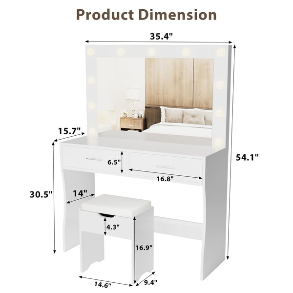 Lighted Makeup Vanity Desk Set with Storage Stool