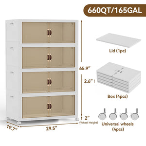 Stackable Storage Bins with Lid, Doors & Wheels – 4 Pack