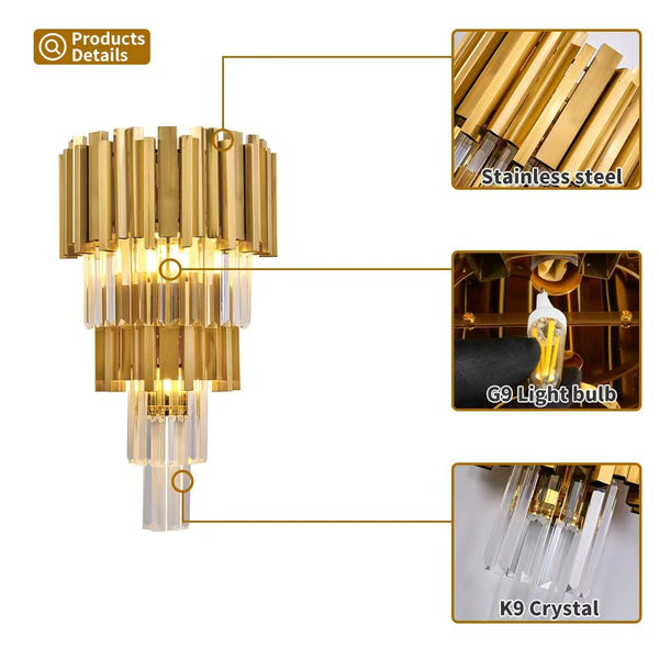 Modern Crystal Gold Wall Sconce 3-Light