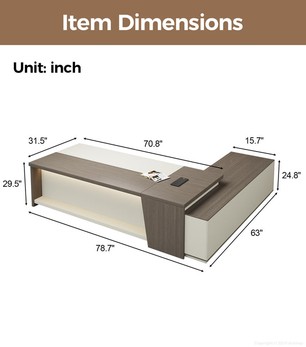 L-Shaped Executive Desk with Drawers & LED Lighting
