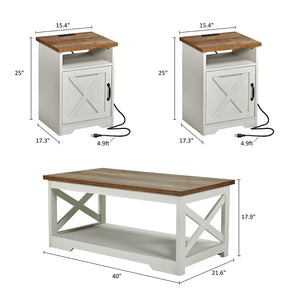 3-Piece Farmhouse Coffee Table & End Table Set with Charging Station