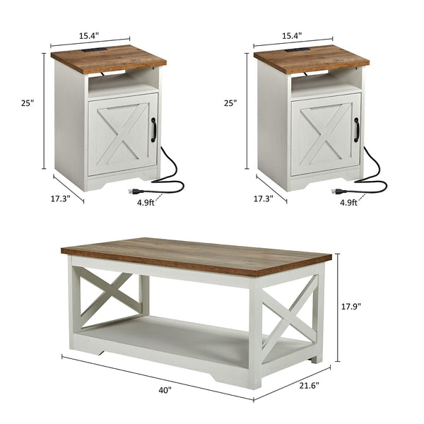 3-Piece Farmhouse Coffee Table & End Table Set with Charging Station