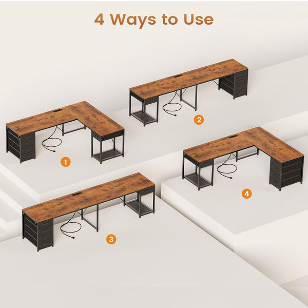 L-Shaped Desk with Drawers & Power Strip