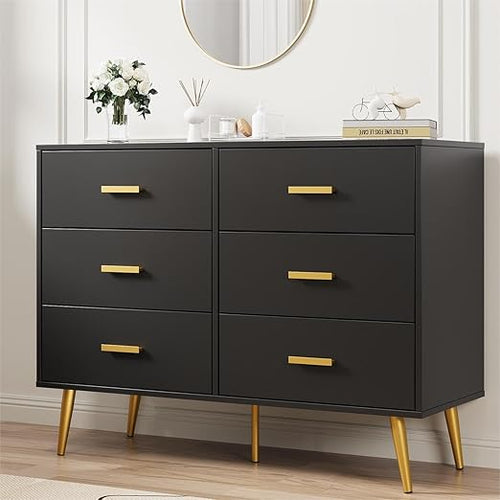 6-Drawer Dresser with Gold Handles | Modern Wooden Chest for Bedroom