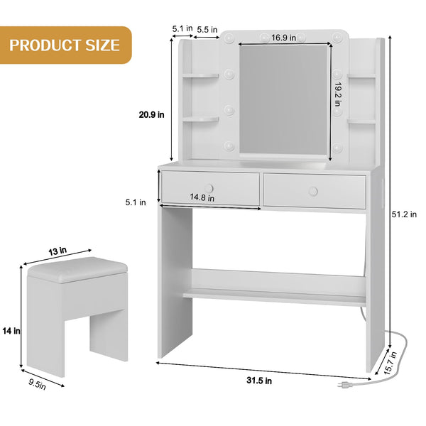 Vanity Desk with LED Mirror & Charging Station