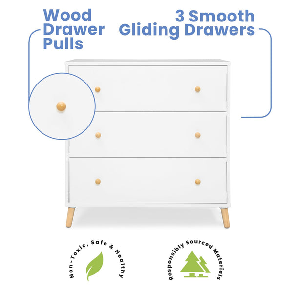3-Drawer Dresser with Interlocking Drawers – White/Natural