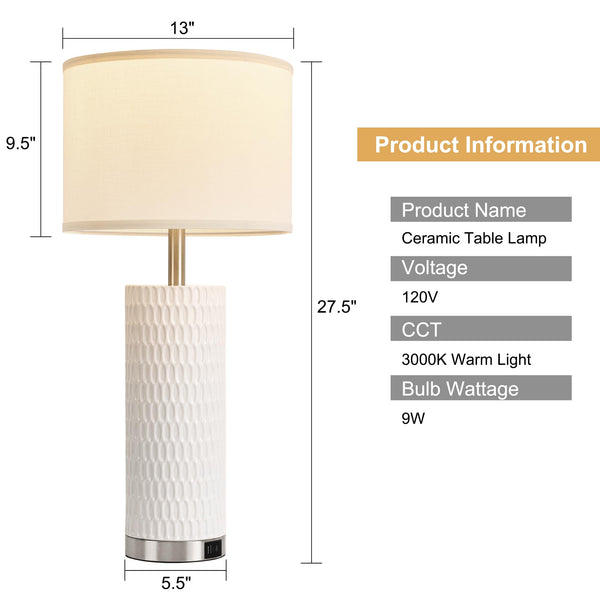 Ceramic Table Lamp with Touch Control & USB Charging Ports – Set of 2