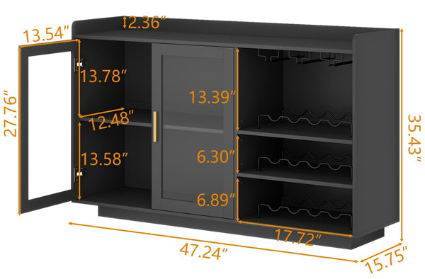 Wine Bar Cabinet with LED Lights, Glass Doors & Removable Wine Racks