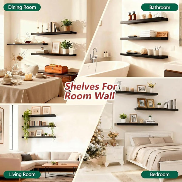 Black Floating Shelves for Wall 36 Inch – Set of 3 with Invisible Brackets