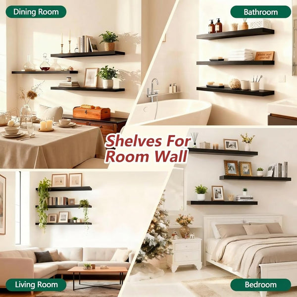 Black Floating Shelves for Wall 36 Inch – Set of 3 with Invisible Brackets