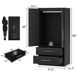 Freestanding Wooden Wardrobe with 2 Doors & 2 Drawers