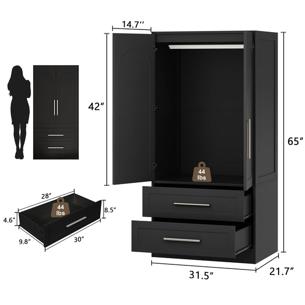 Freestanding Wooden Wardrobe with 2 Doors & 2 Drawers