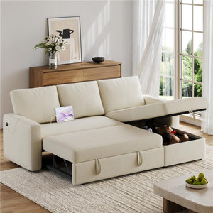 L-Shaped Sectional Sleeper Sofa with Pull-Out Bed, Chaise Storage & USB Charging