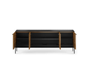 79" Modern TV Stand with Soundbar Shelf, Tempered Glass Top & Cable Management – Fits TVs up to 80"