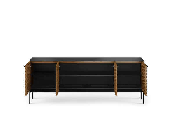 79" Modern TV Stand with Soundbar Shelf, Tempered Glass Top & Cable Management – Fits TVs up to 80"