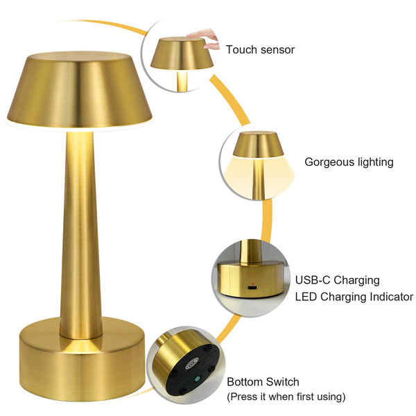 UMEXUS 8.8'' Cordless Small Table Lamp for Bar Restaurant, Rechargeable Battery Operated Touch Lamps, Gold 3-Way Dimmable LED Metal Portable Bedside Mini Night Light for Bedroom Outdoor, Home Decor