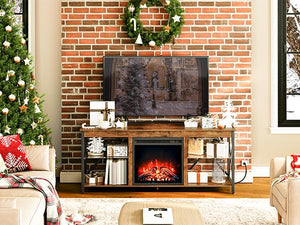 Fireplace TV Stand with Charging Station and LED Lights