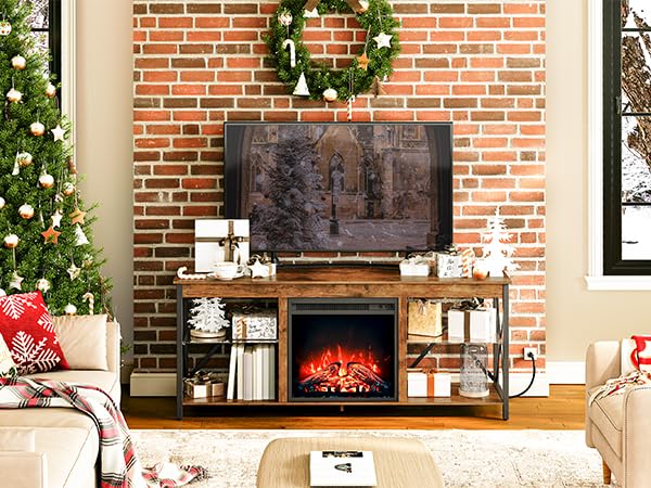 Fireplace TV Stand with Charging Station and LED Lights