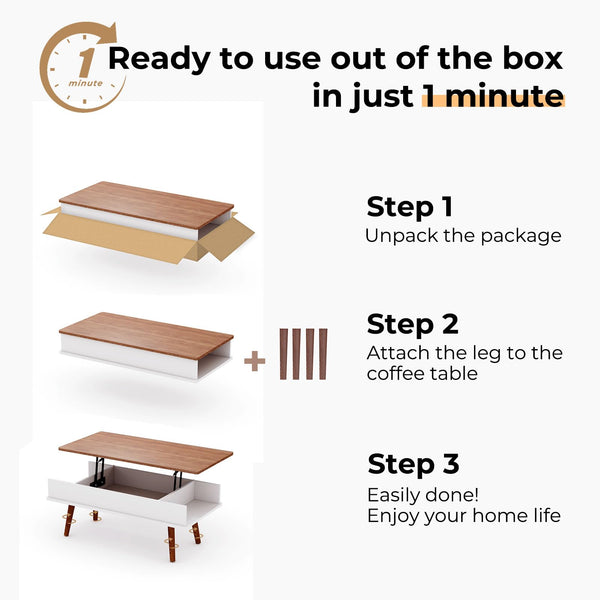 VYRIVA Lift Top Coffee Table, One Minute No Assembly Required Rising Tabletop Center Table with Large Hidden Storage Compartment, Open Shelf, Anti-Pinch Design Mute for Living Room (Walnut)
