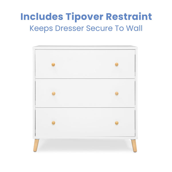 3-Drawer Dresser with Interlocking Drawers – White/Natural