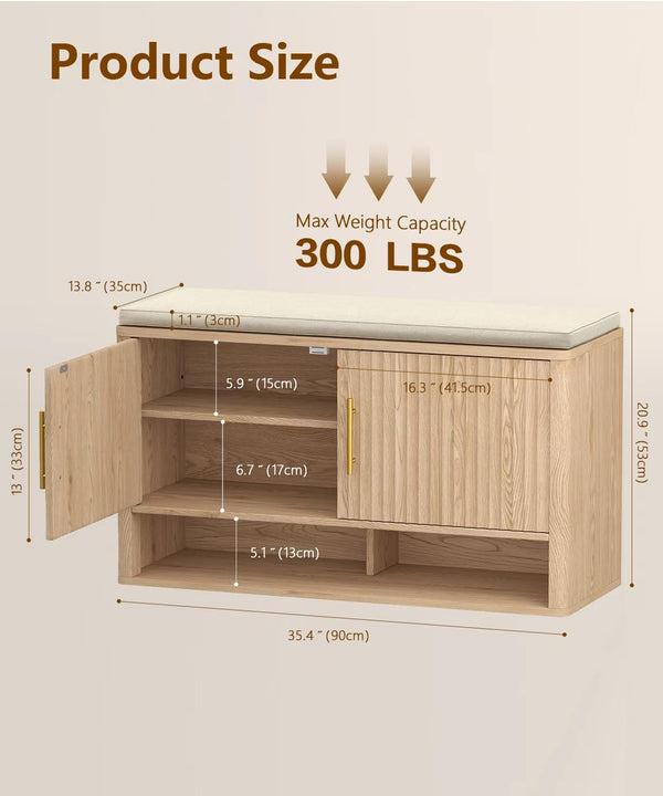 Fluted Shoe Storage Bench with Cushion — Natural Oak