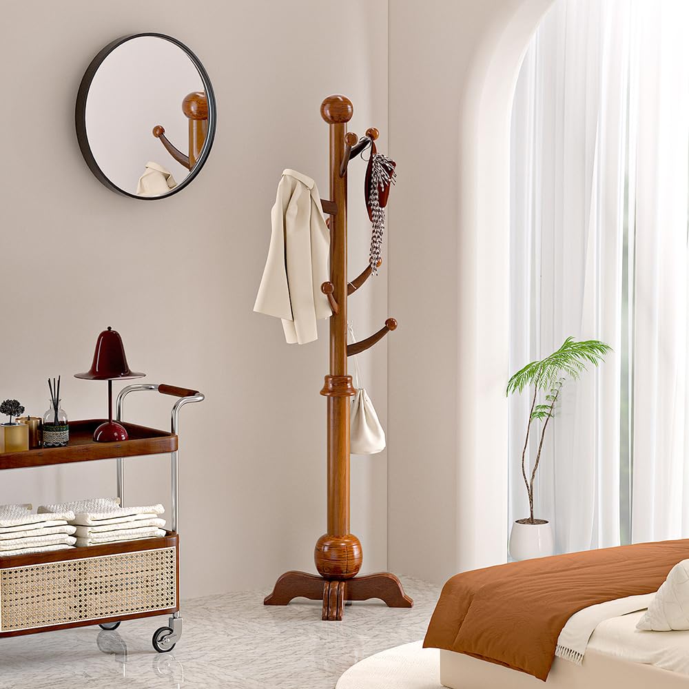 Freestanding Wooden Coat Rack with 7 Hooks – 72" Hall Tree Stand
