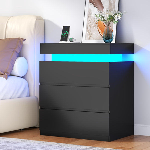 Nightstand with Charging Station and LED Lights – 3 Drawers