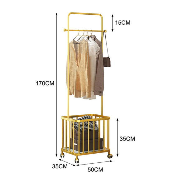 Gold Metal Garment Rack with Storage Basket & Rolling Wheels