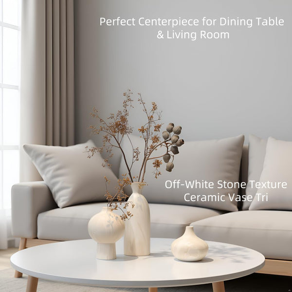 White Ceramic Vase Set of 3 – Stone Texture Decorative Pottery