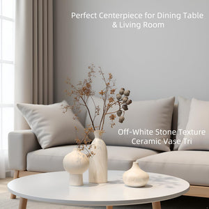 White Ceramic Vase Set of 3 – Stone Texture Decorative Pottery
