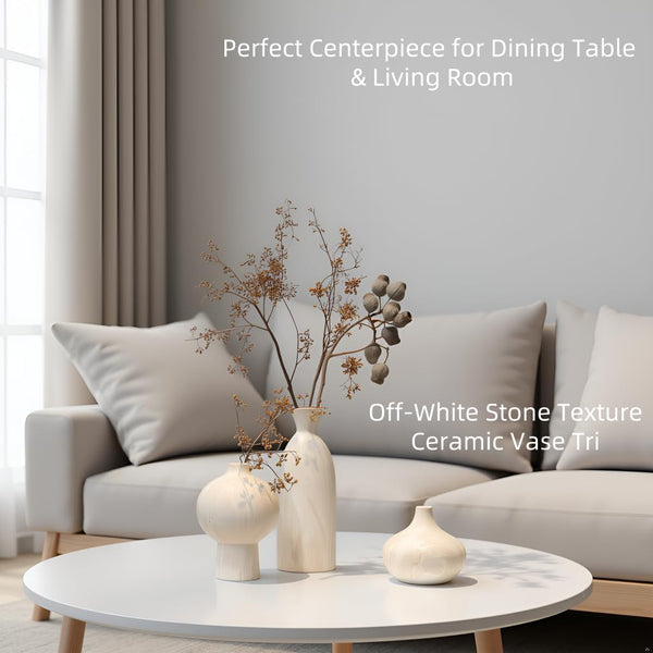 White Ceramic Vase Set of 3 – Stone Texture Decorative Pottery