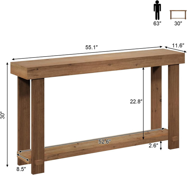 Solid Wood Farmhouse Console Table with Bottom Shelf