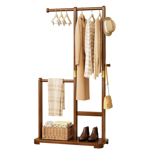 Double Rod Freestanding Coat Rack – Solid Wood, Bedroom & Entryway