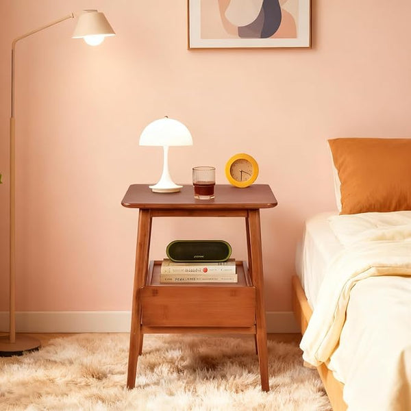 Mid-Century Modern Bamboo Nightstand with Drawer & Open Shelf