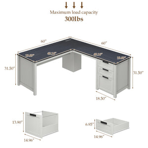 L-Shaped Executive Desk with Drawers, Power Outlets & Storage Shelf
