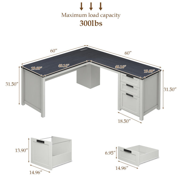 L-Shaped Executive Desk with Drawers, Power Outlets & Storage Shelf
